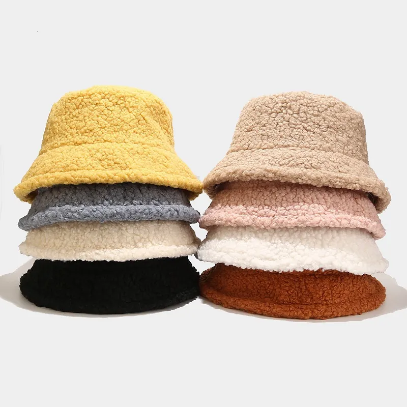 Faux Lamb Wool Bucket Hat For Women Winter Warm Plush Basin Hat Soft Foldable Casual Fashion Solid Color Fisherman Hat