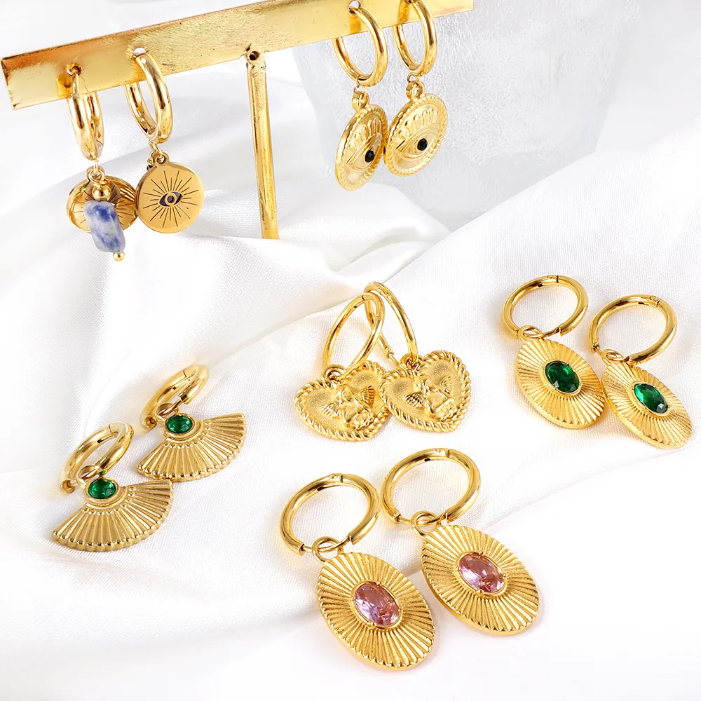 Vintage 18K Gold Plated Stainless Steel Earrings With Green Zircon Gemstone Multi Geometric Shapes Fashion Jewelry Women