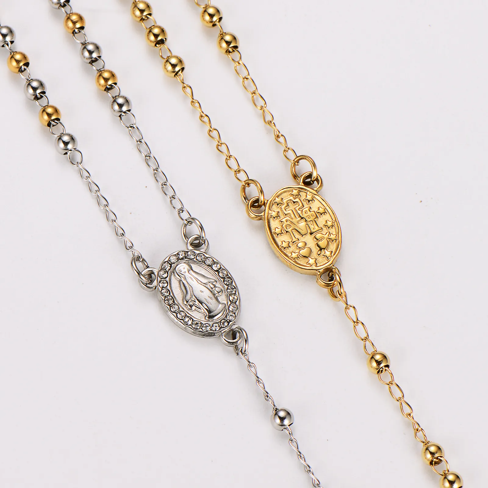 Rosary Necklace 304 Stainless Steel With Virgin Mary Medallion And Cross Pendant Religious Bead Chain Jewelry For Men