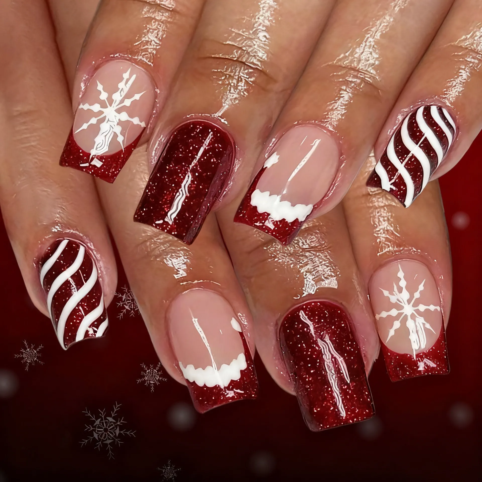 Unghie Finte Natalizie Quadrate Rosse Glitterate Fiocco Di Neve Motivo Candy Cane Plastica ABS Festivo