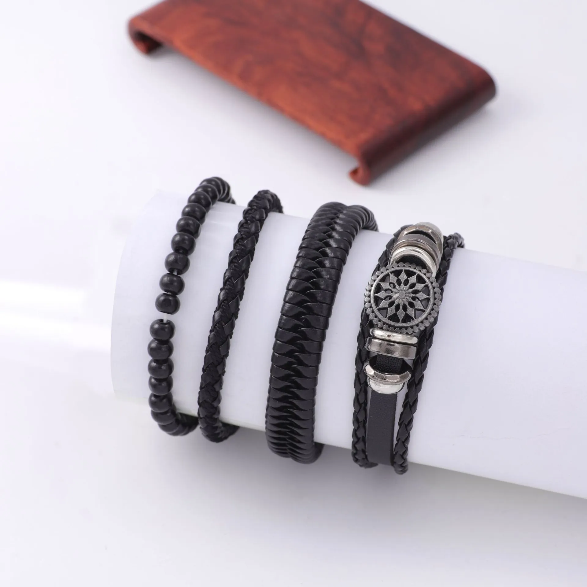 Men Braided Leather Bracelet Vintage Multi Layer Wood Beads Alloy Mandala Pendant Punk Ethnic Jewelry Wrap