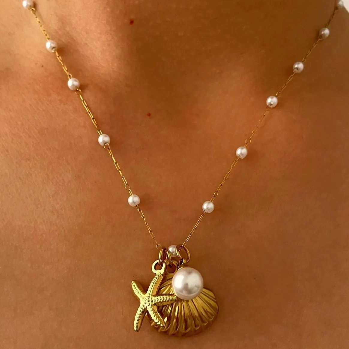 Ocean Starfish Shell Artificial Pearl Pendant Necklace 316L Stainless Steel 18K Gold Plated Beaded Chain Fashion Jewelry For Women