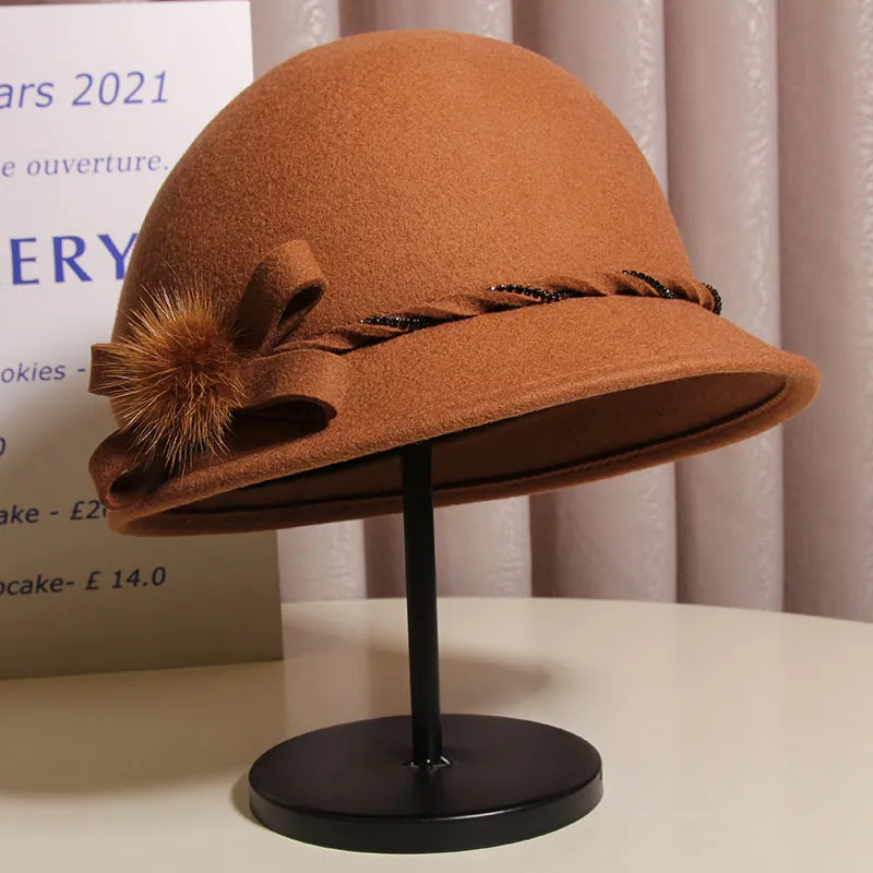 French Luxury Wool Blend Cloche Hat For Women With Bow Mink Fur Ball Retro Elegant Winter Warm Felt Bucket Hat