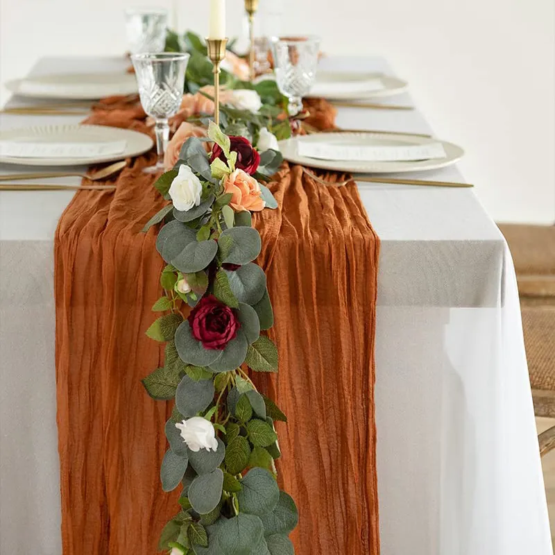 Polyester Crinkled Gauze Table Runner Wrinkled Cheesecloth Boho Wedding Reception Party Event Decor Rustic Table Decor