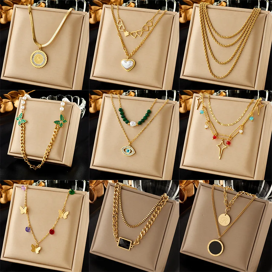 Layered Pendant Necklace Stainless Steel 18K Gold Plated Shell Artificial Pearl Butterfly Heart Roman Numeral Coin For Women