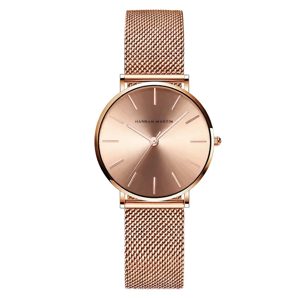 Hannah Martin Women Fashion Minimalist Japanese Quartz Movement Watch Stainless Steel Mesh Band Waterproof Ladies Casual Wristwatch Rose Gold Silver Gold