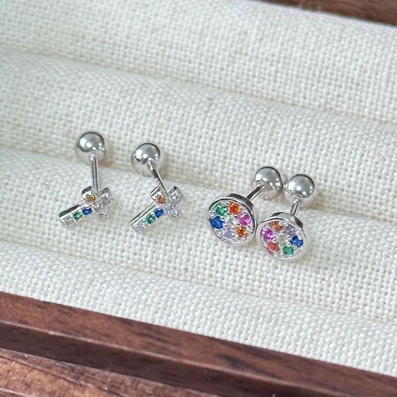 925 Sterling Silver Rainbow Rhinestone Stud Earrings For Women Minimalist Cross Round Shape Screw Back Piercing Jewelry
