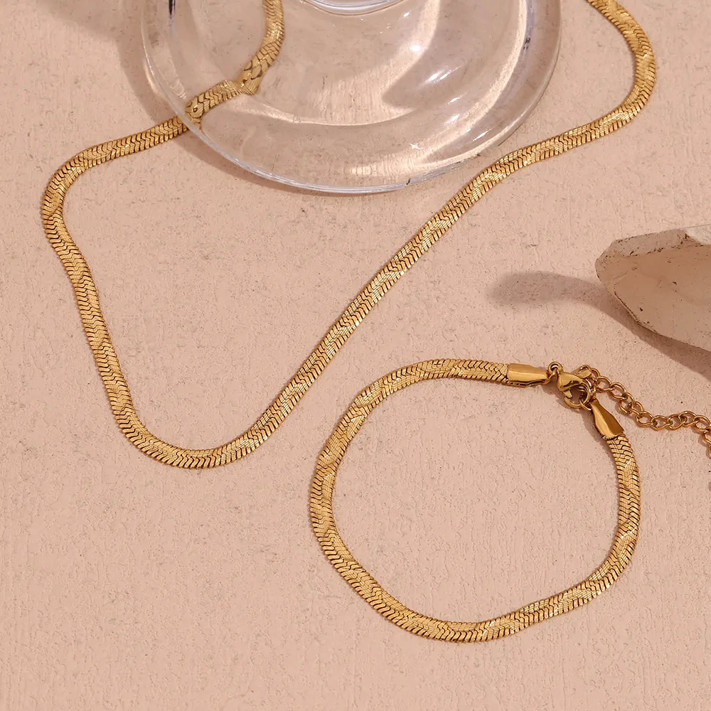 Herringbone Chain Necklace Bracelet 18K Gold Plated 316L Stainless Steel Flat Wave Embossed Minimalist Jewelry For Women