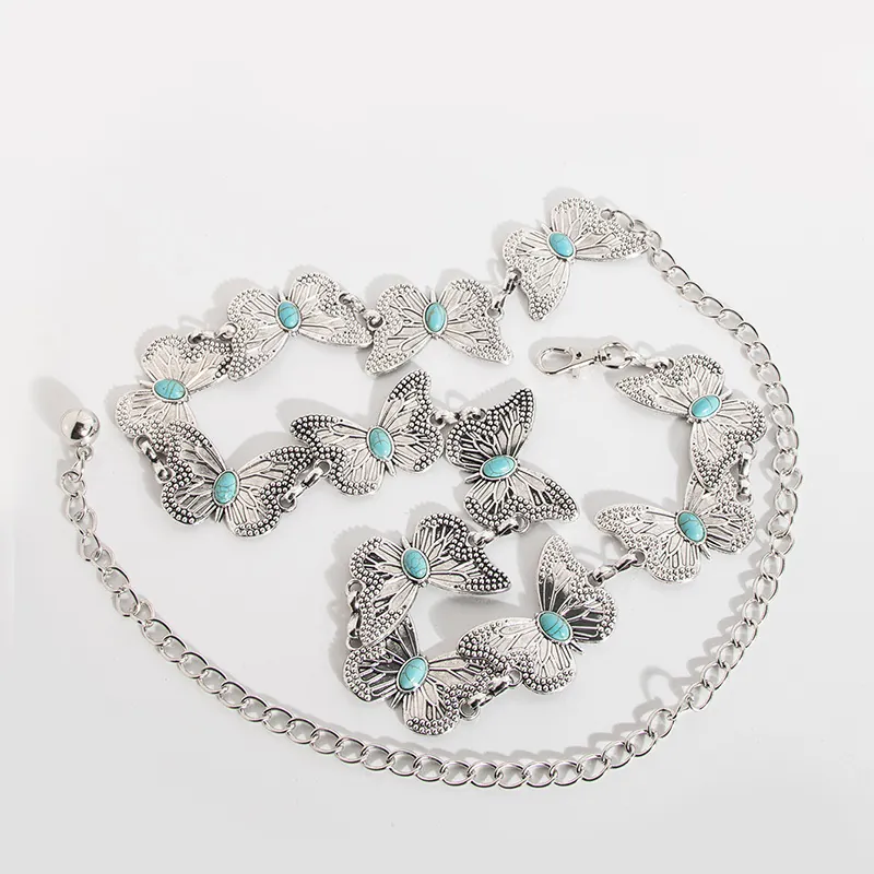 Waist Chain Belt Butterfly Daisy Flower Metal Link Adjustable Turquoise Bohemian Style For Women Dress Decor