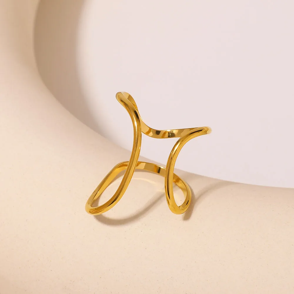 Anello Aperto In Acciaio Inossidabile Linea Geometrica Asimmetrica Minimalista Placcato Oro Regolabile Da Donna