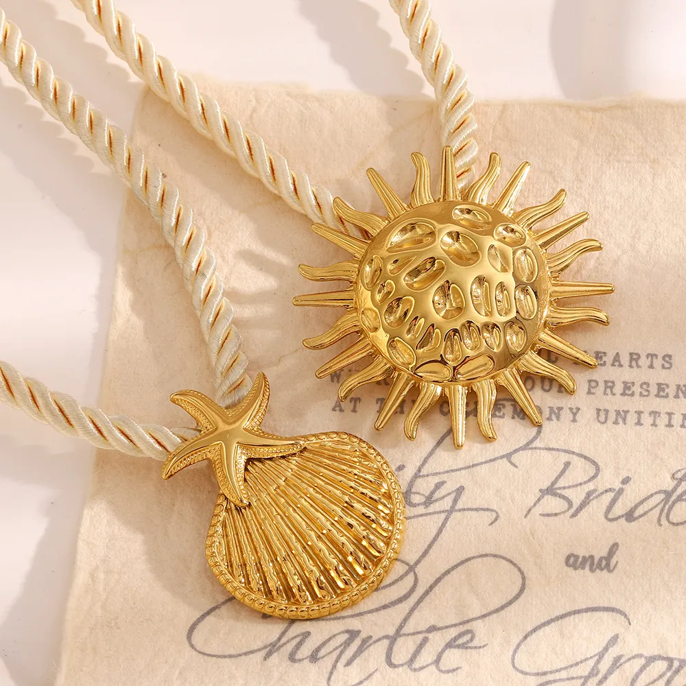 Sun Shell Starfish Pendant Necklace 18K Gold Plated 316L Stainless Steel Twisted Rope Cord Trendy Jewelry For Women
