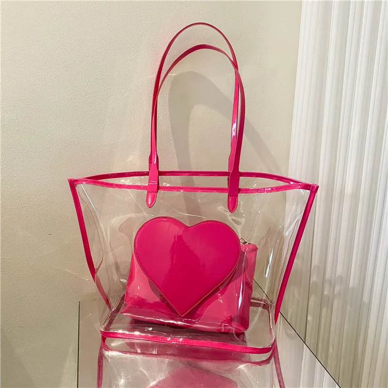Transparent Jelly Tote Bag Heart Shaped Inner Pouch PVC Large Capacity Women Shoulder Handbag Trendy Casual