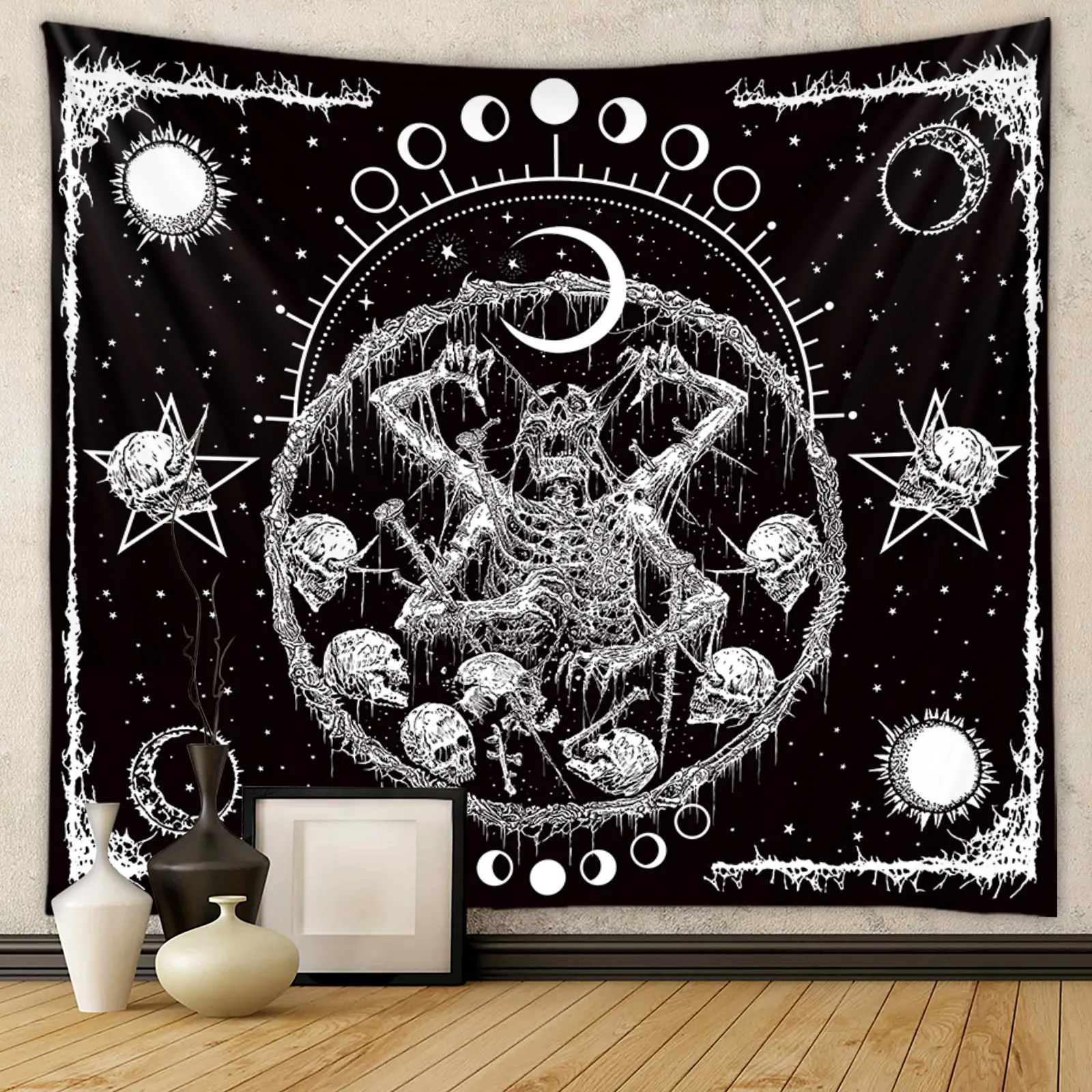 Gothic Skull Tapestry Black And White Occult Moon Phase Polyester Fabric Wall Hanging For Bedroom Aesthetic Dorm Decor