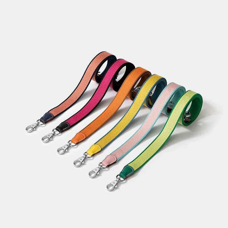 Replacement Bag Strap Contrast Color Striped Cotton Webbing Leather Ends Metal Clasps Shoulder Crossbody Accessories
