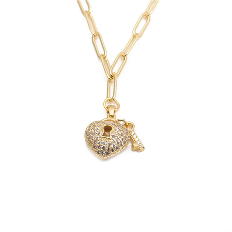 Collier Pendentif Cœur Clé Cuivre Micro Zirconia Strass Chaîne Trombone Bijoux Hip Hop Pour Femmes