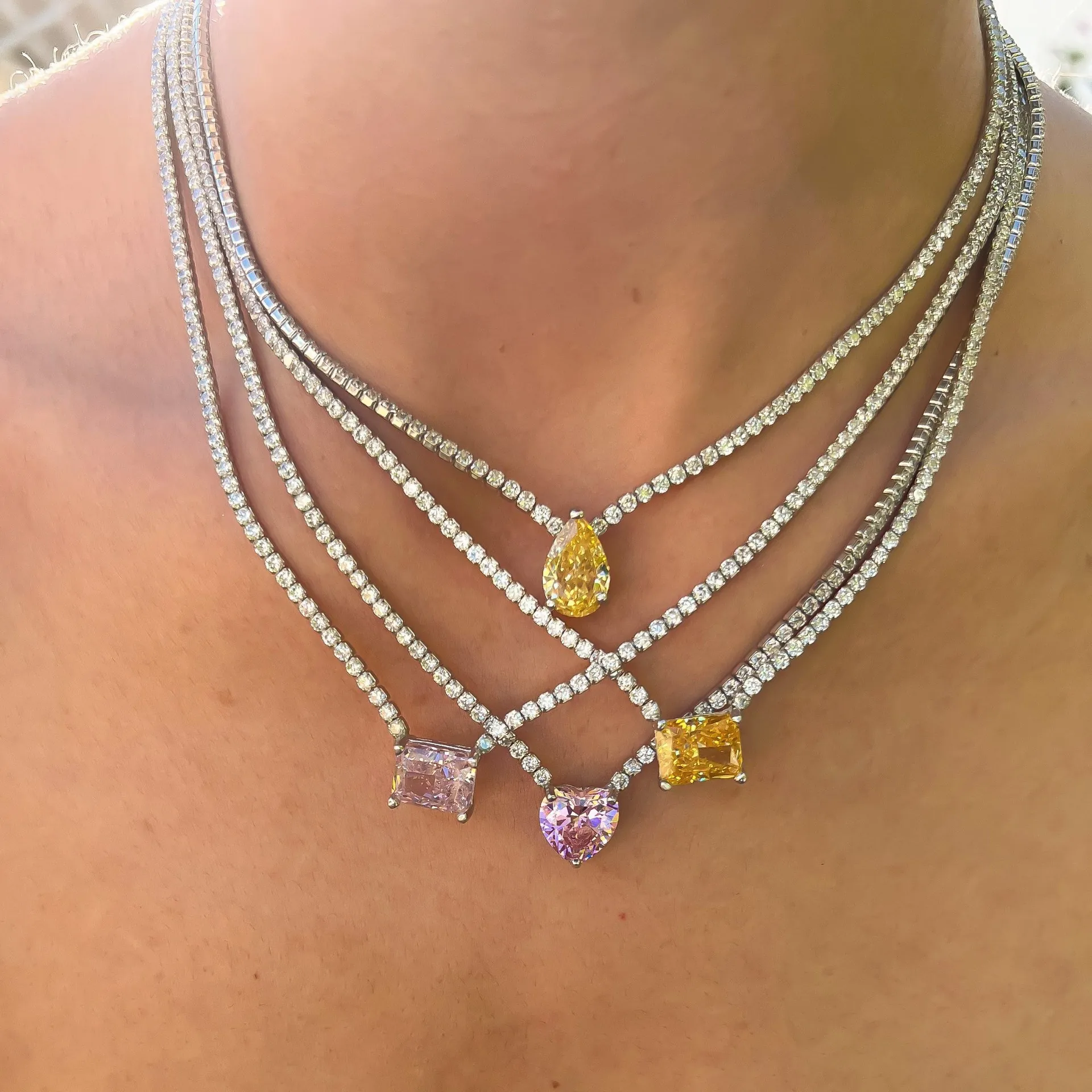 Tennis Choker Necklace 18K Gold Plated Brass With Cubic Zirconia Heart Pear Square Pendant Light Luxury Style For Women