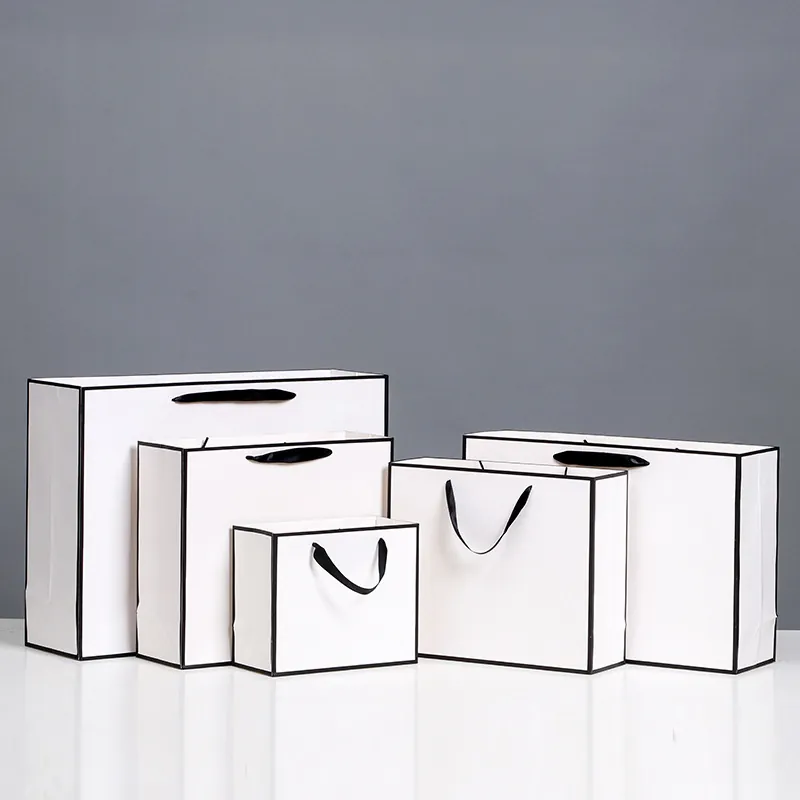 Minimalist White Cardboard Gift Bags With Black Edge Ribbon Handles For Clothing Shopping Wedding Birthday Party