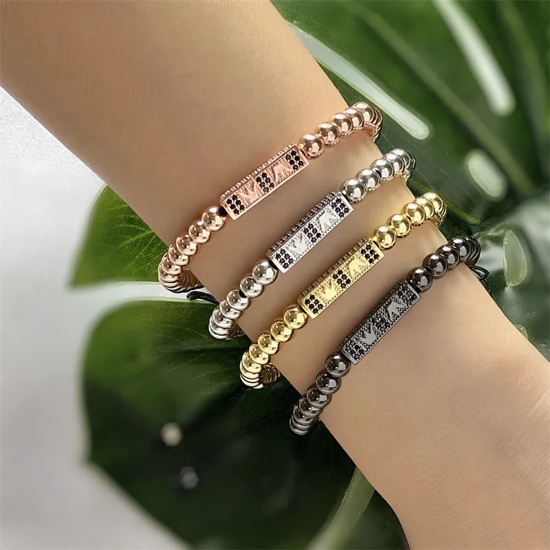 Crown Micro Pave Cubic Zirconia Stainless Steel Beaded Bracelet Adjustable Braided Rope Hip Hop Fashion Jewelry For Men Women