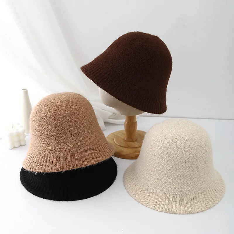 Women Faux Fur Knit Bucket Hat Warm Ear Protection Winter Solid Color Korean Style Cloche Hat