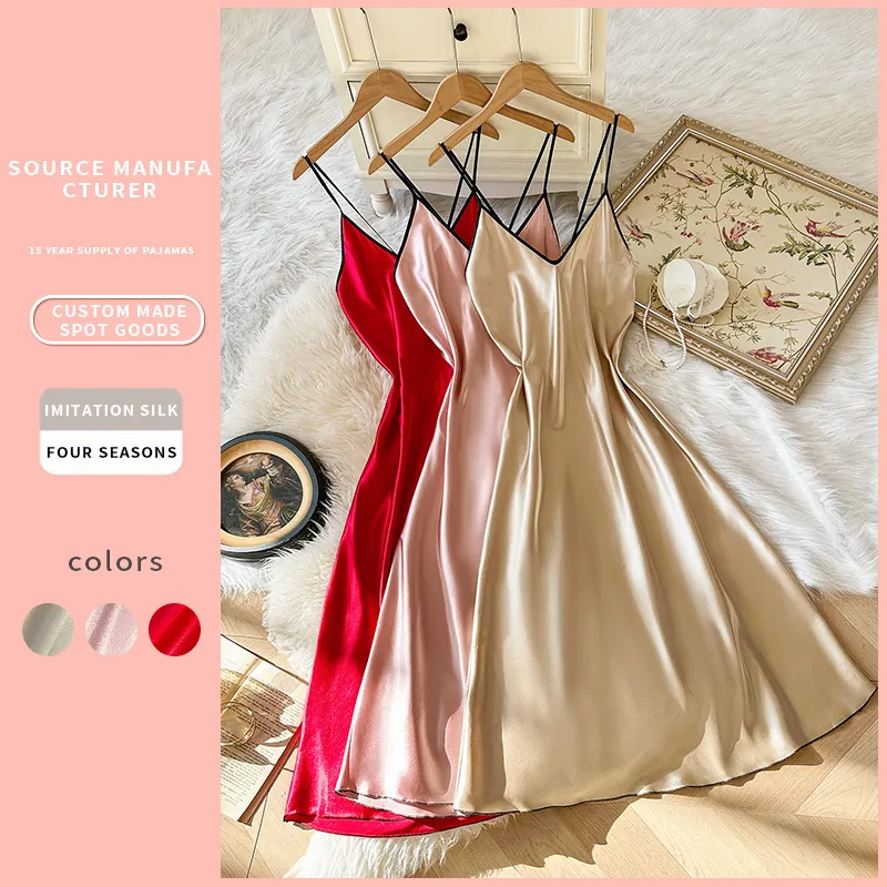 Women Satin Nightdress V Neck Spaghetti Strap Slip Dress Cross Back Imitation Satin Sleepwear Loungewear