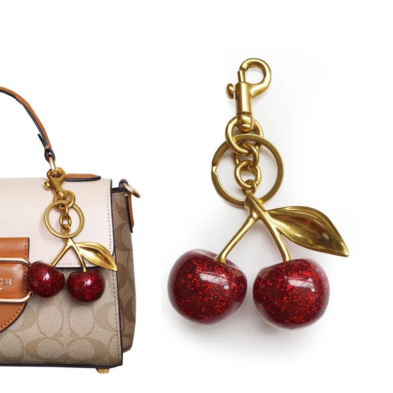 Glitter Resin Cherry Bag Charm Keychain Fruit Pendant Metal Leaf Decorative Accessory For Handbag Backpack