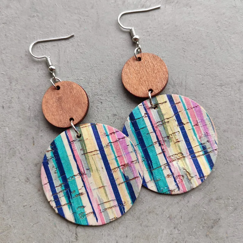 Bohemian Dangle Earrings Geometric Wood Cork Leather Colorful Striped Polka Dot Pattern Artistic Round Jewelry For Women