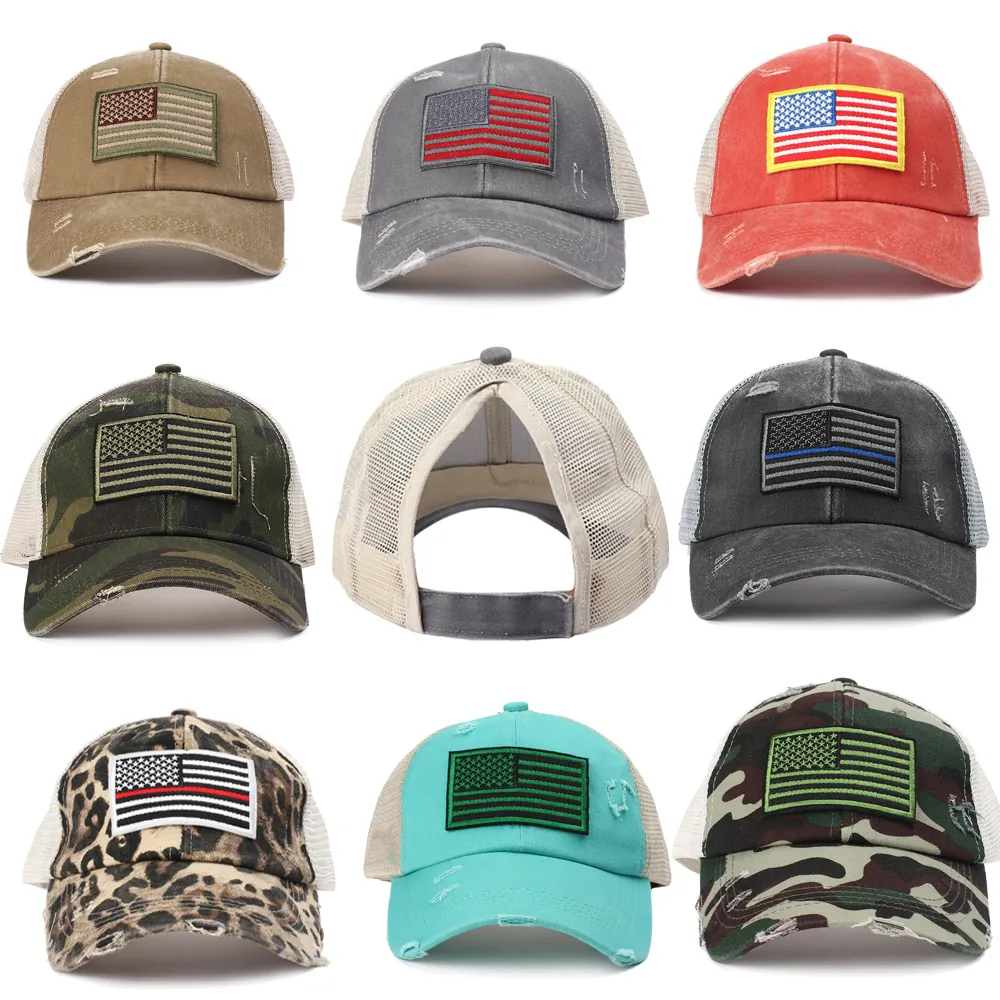 Damen Pferdeschwanz Baseballkappe Distressed Washed Mesh Trucker Hut US Flagge Patch Verstellbarer Messy Bun Sonnenhut