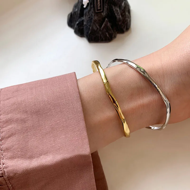 925 Sterling Silver Open Cuff Bracelet For Women Irregular Texture Liquid Metal Design Minimalist Aesthetic Jewelry