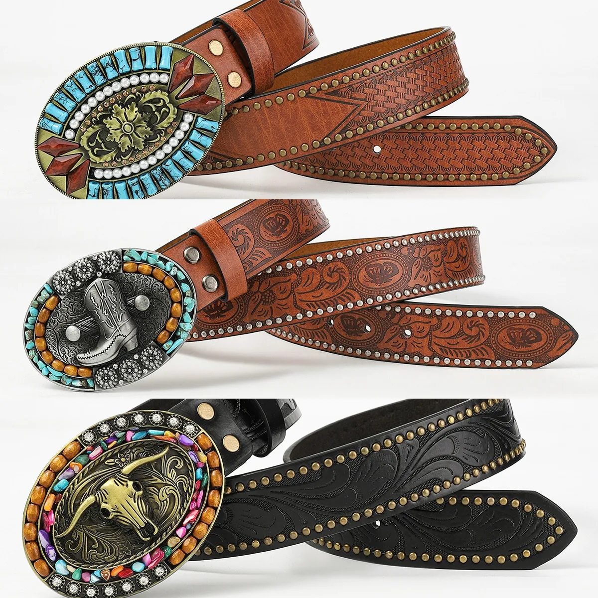 Western Cowboy PU Leather Belt For Women Men Vintage Embossed Pattern Turquoise Artificial Pearl Rhinestone Waist Belt