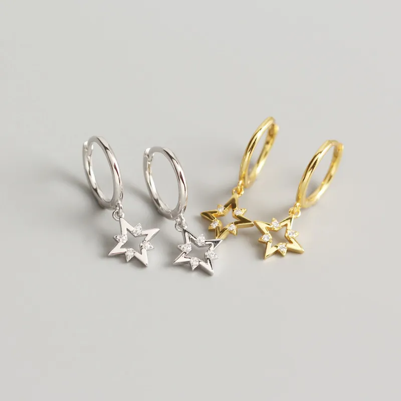 Boucles D Oreilles Créoles En Argent Sterling 925 Avec Pendentifs Étoile En Zircon Style Minimaliste Géométrique Tendance