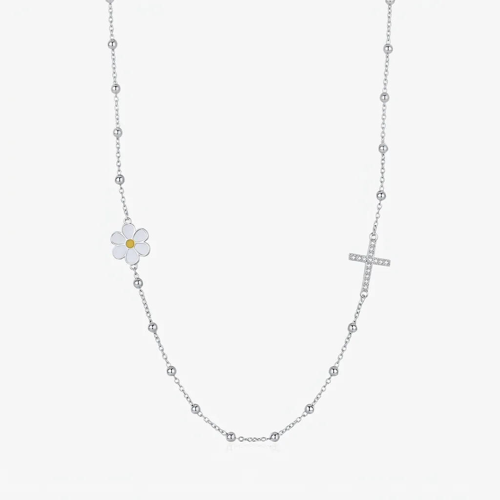 925 Sterling Silver Necklace With White Enamel Daisy Flower And Rhinestone Cross Pendant For Women Sweet Forest Style