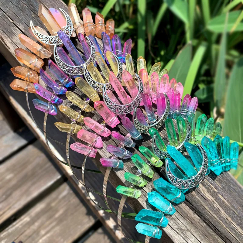 Handmade Bohemian Crystal Moon Crown Headband Natural Raw Quartz Pillars Tiara For Women Party Gothic Hair Accessories