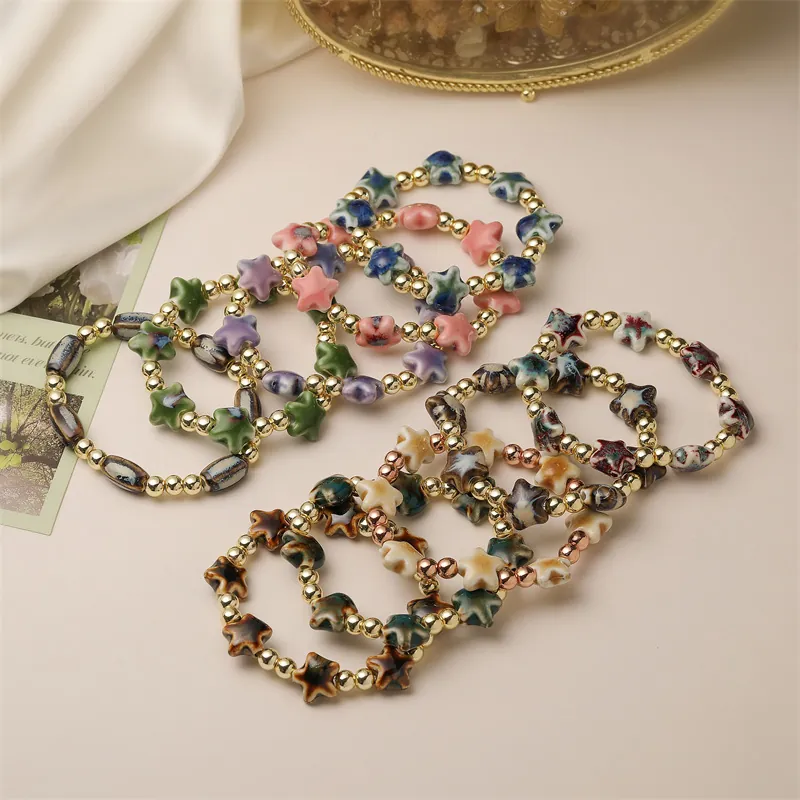Bracelet En Perles De Céramique Étoile Bohémienne Avec Perles Rondes En Cuivre Doré Bijoux Colorés Faits À La Main Cadeau Pour Femmes Filles