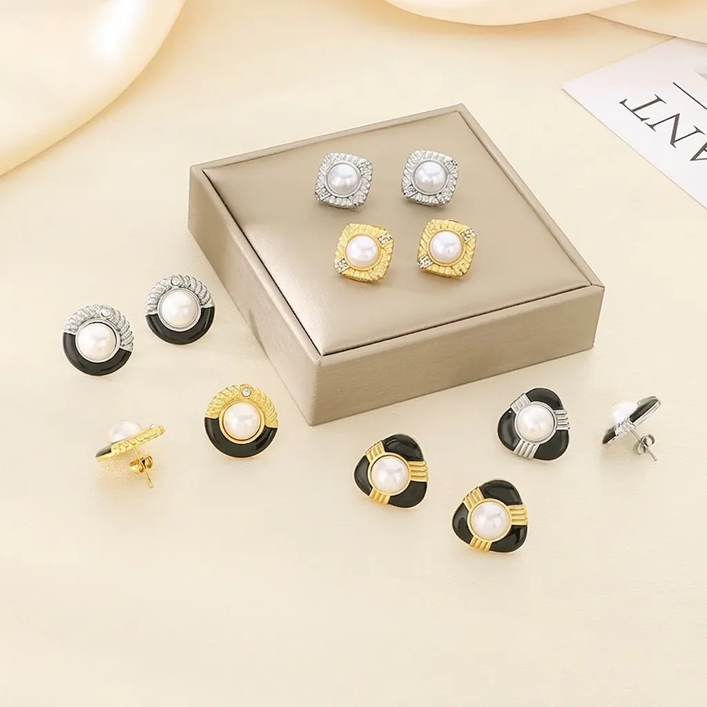 Boucles D'oreilles Vintage En Acier Inoxydable Avec Coquillage Künstliche Perle Artificielle Émail Et Strass Pour Femmes