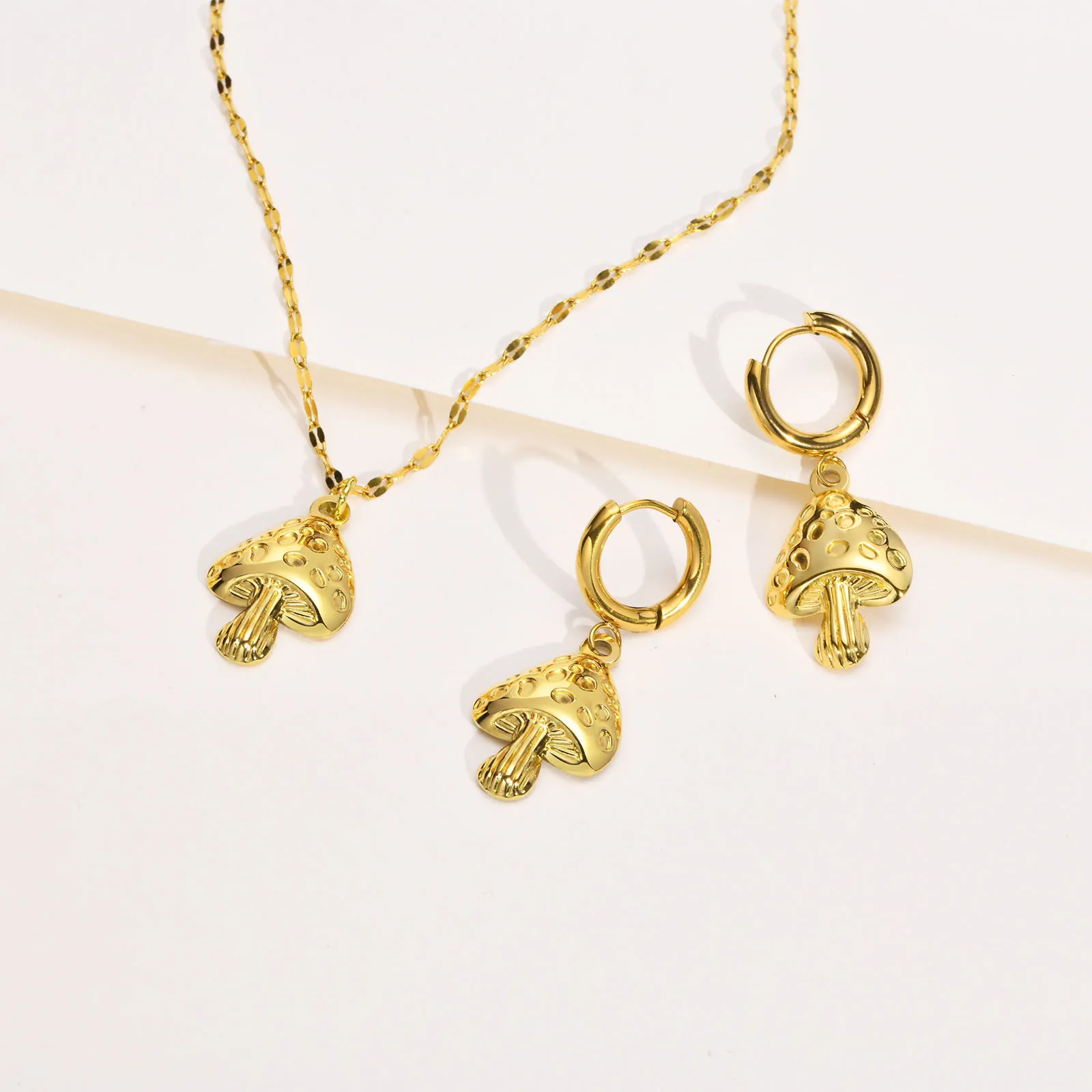 Mushroom Jewelry Necklace And Hoop Earrings Gold Plated Stainless Steel Cute Forest Style Accessory For Women
