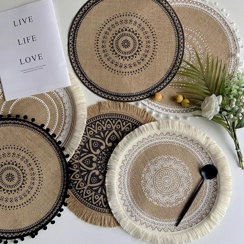 Tovagliette In Juta Intrecciata Rotonde Con Stampa Mandala Bohémien Con Nappine Resistenti Al Calore Per Decorazione Tavola