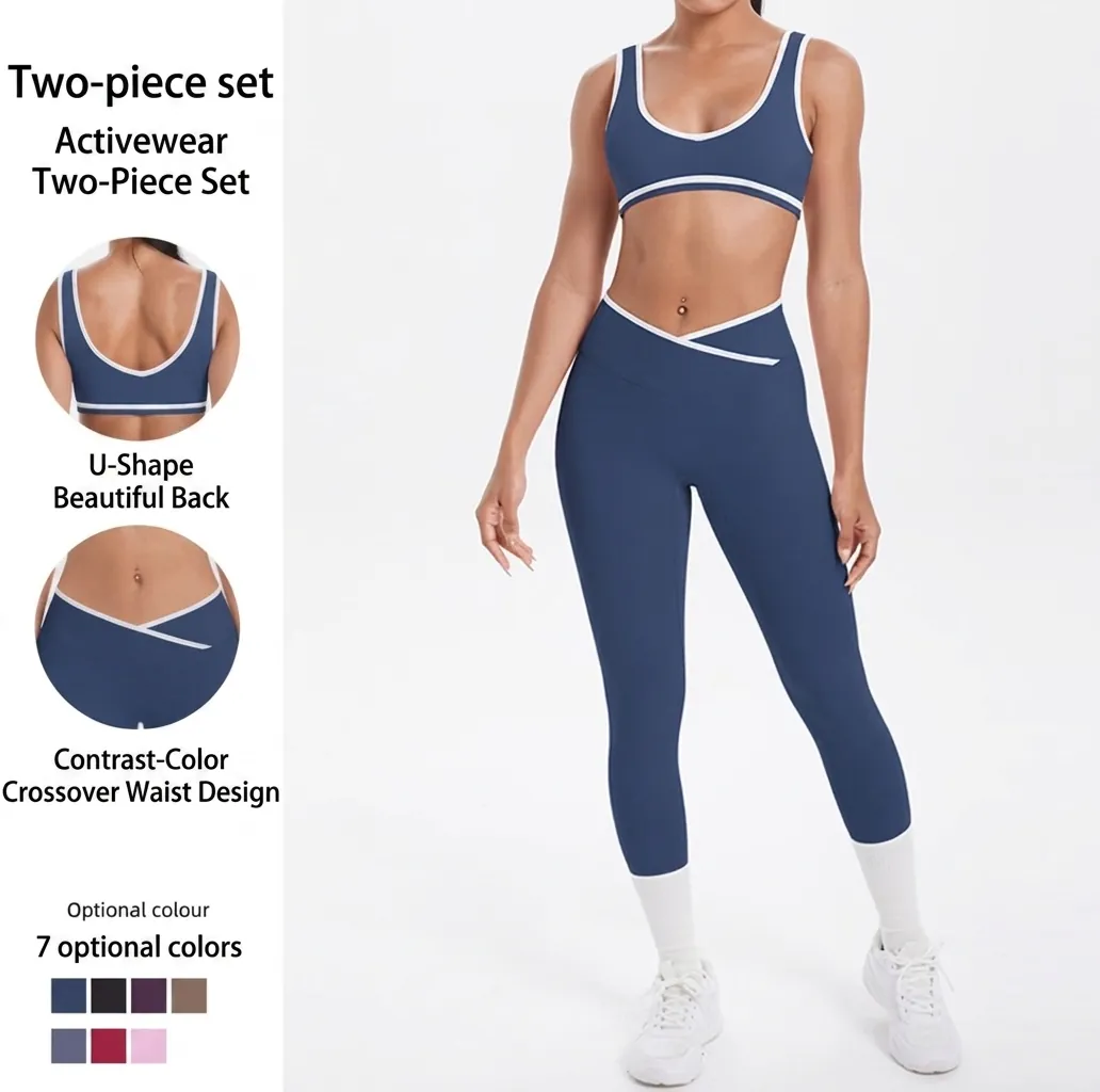 Damen Kontrastfarbe Yoga Top Und Unten Hohe Taille Cross Leggings Sport BH Workout Gym Fitness Outfit