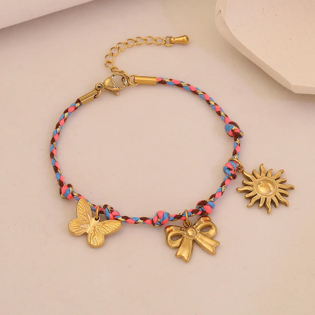 Bracelet Tressé Main Acier Inoxydable Pendentifs Soleil Lune Étoile Réglable Bijoux Boho Femmes