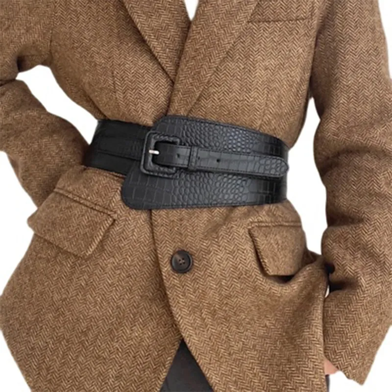 Women Ultra Wide Elastic Waist Belt Faux Crocodile Leather Corset Waistband For Dress Suit Coat Fashion Accessories