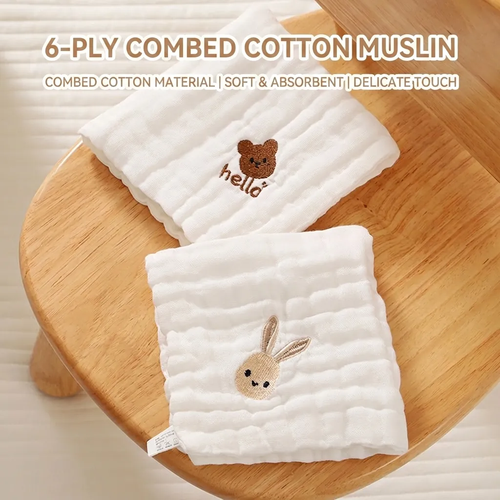 Baby Saliva Towels Multi-Layer Cotton Gauze Soft High Absorbent Embroidered Cartoon Animal Washcloths For Newborn Infants Toddlers