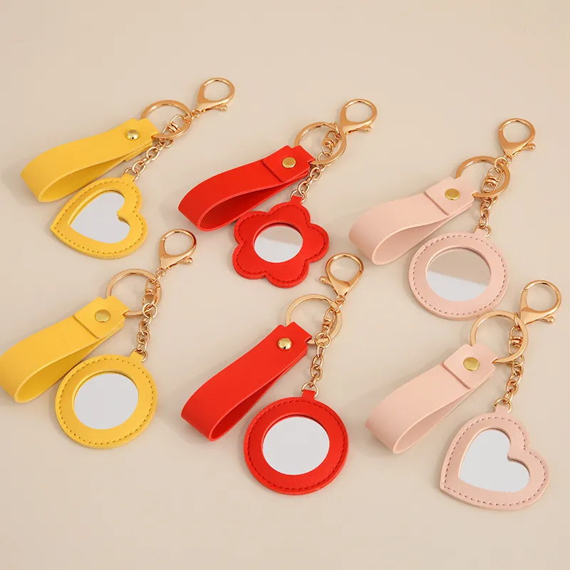 Portable Mirror Keychain PU Leather Heart Flower Round Shape Mini Cosmetic Mirror Bag Charm Hanging Ornament
