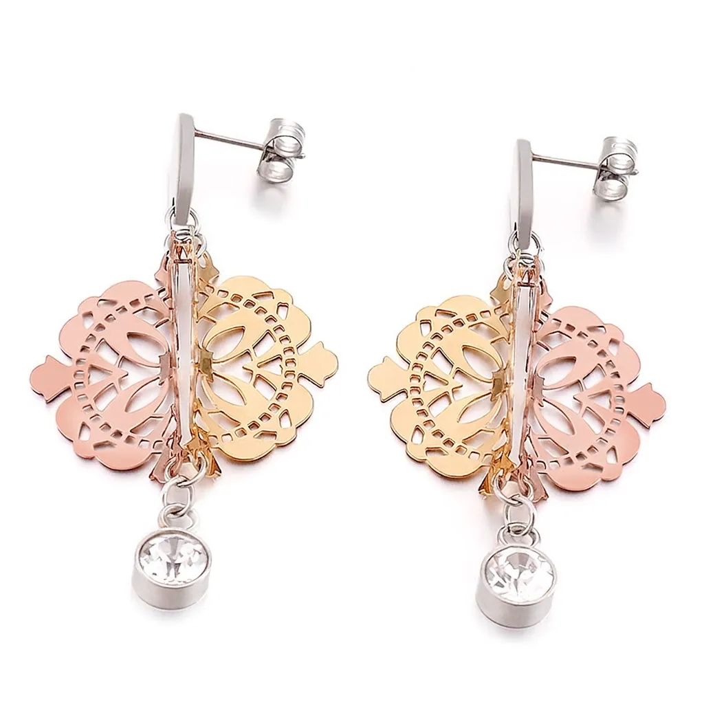 Boucles Oreilles Pendantes En Acier Inoxydable Évidées Avec Strass Géométrique Lune Étoile Fleur Bijoux Femmes