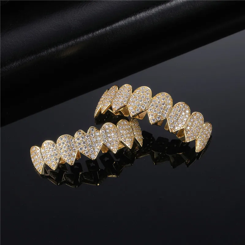 Hip Hop Heart Shaped Grillz Copper Rhinestone Gold Silver Plated Teeth Caps For Men Women Bling Jewelry Party Accessories