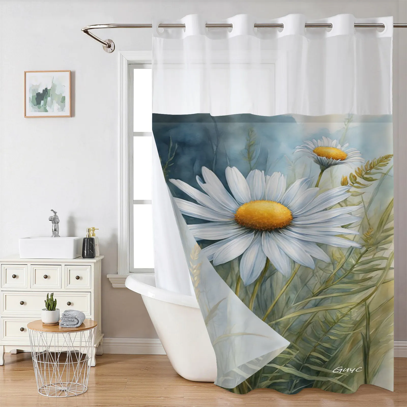 Tenda Da Doccia E Tappeto Bagno Impermeabile Poliestere Trama Nido Ape Senza Ganci Con Fodera Rimovibile Orlo Magnetico Floreale