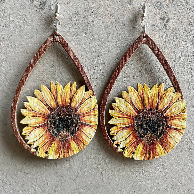 Western Wood Teardrop Dangle Earrings With Sunflower Cactus Pattern Iron Hook Vintage Retro Bohemian Style For Women