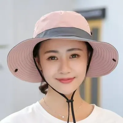 Women Wide Brim Sun Hat Breathable Mesh Ponytail Hole Outdoor Hiking Bucket Hat With Windproof Rope Quick Dry Acrylic