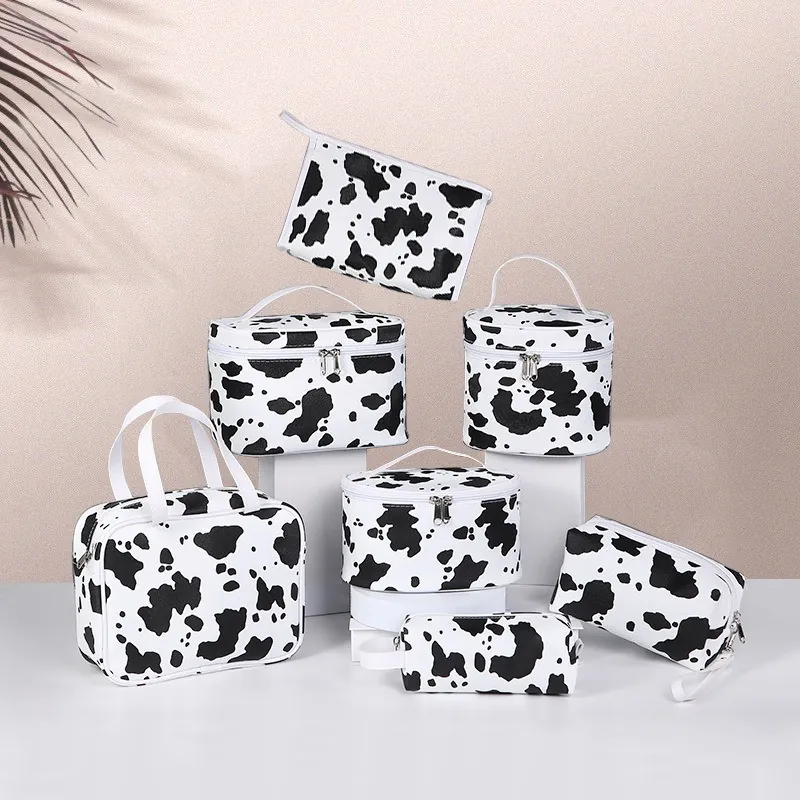 Makeup Bag Cow Print PU Leather Waterproof Large Capacity Travel Toiletry Storage Organizer For Women