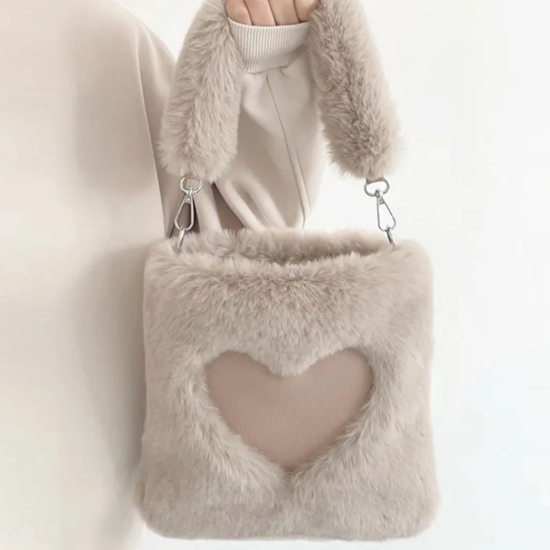 Borsa A Spalla In Peluche Con Ritaglio A Cuore Borsa A Tracolla In Pelliccia Sintetica Per Donna Autunno Inverno