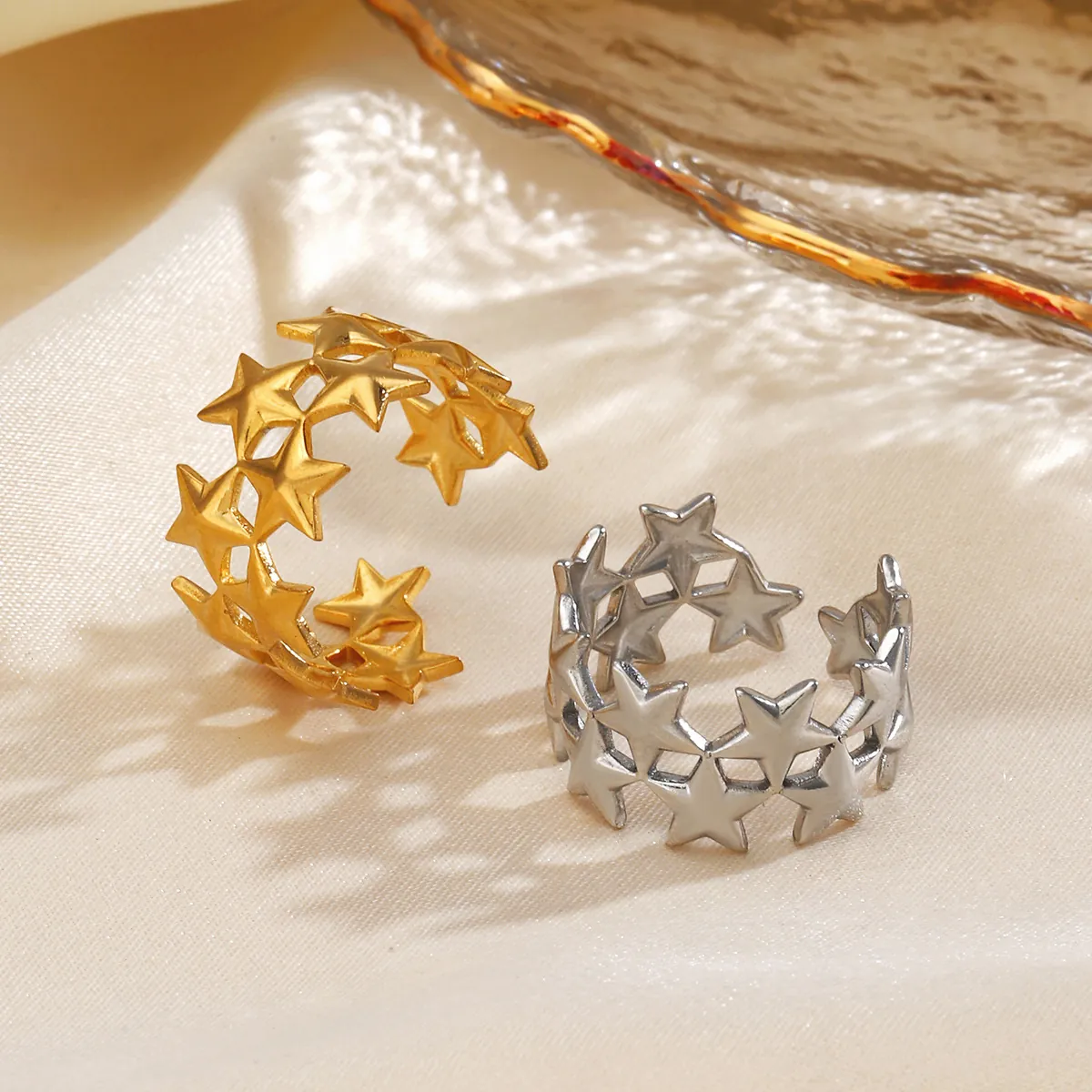 Hollow Star Adjustable Open Ring Stainless Steel Minimalist Retro Ethnic Fashion Jewelry Gift For Women