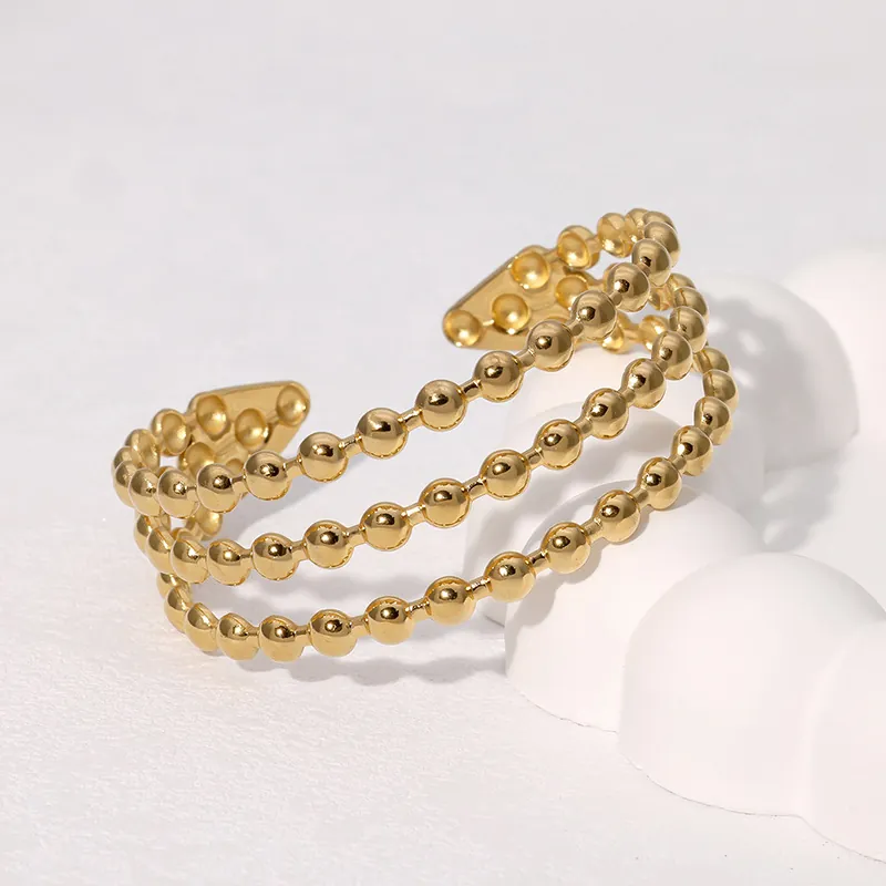Bracciale Rigido Aperto A Tre Strati Perline Acciaio Inossidabile Oro 18K Minimalista Geometrico Per Donna Regolabile